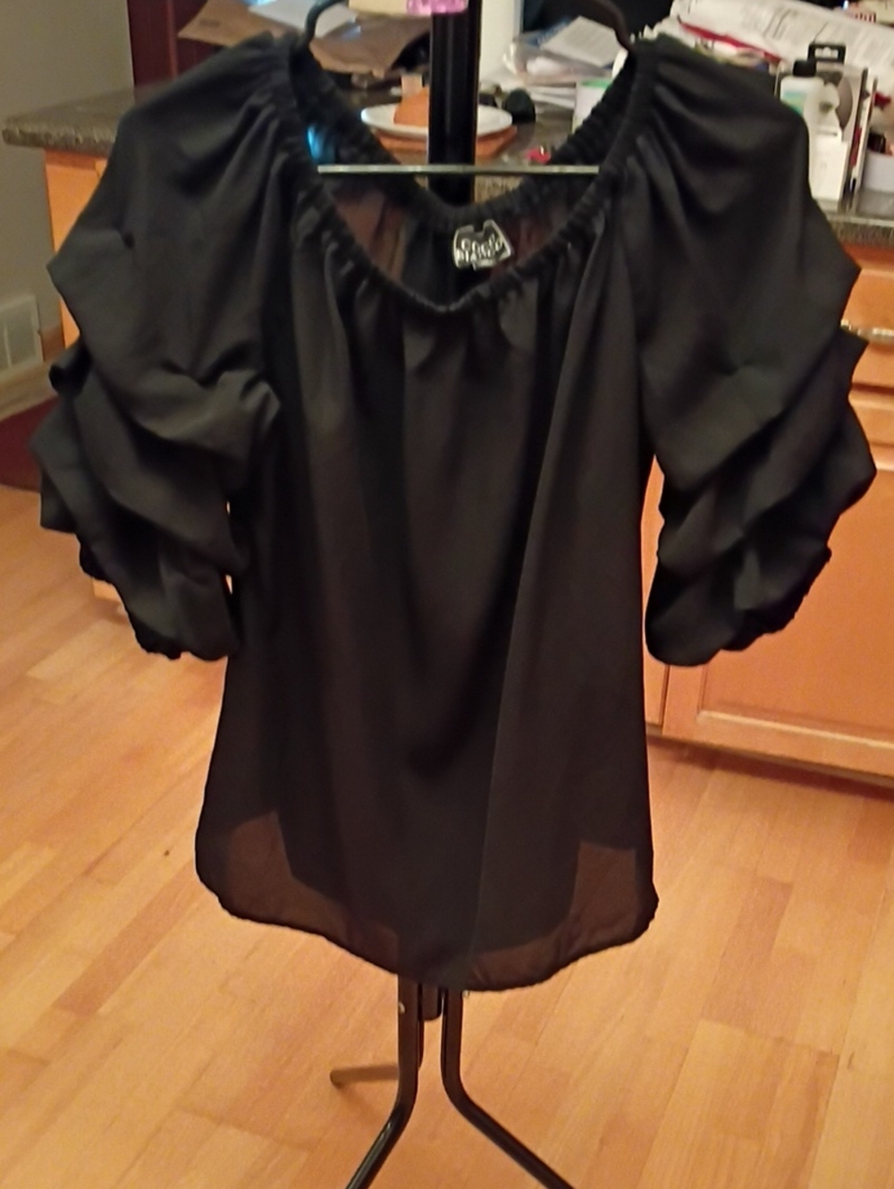 Coco Bianco Black Short Ruffle Sleeve Peasant Top